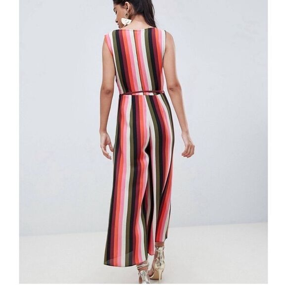EUC ASOS Multicolor Stripe Crossfront Lowcut V Capri Jumpsuit - Size 2 - Picture 3 of 14